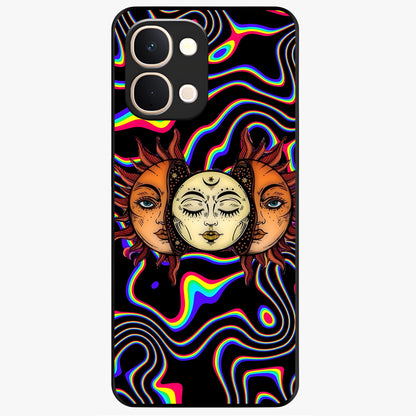 Psychedelic Sun Glass Case showing flat back view with colorful psychedelic sun artwork and glossy glass finish.