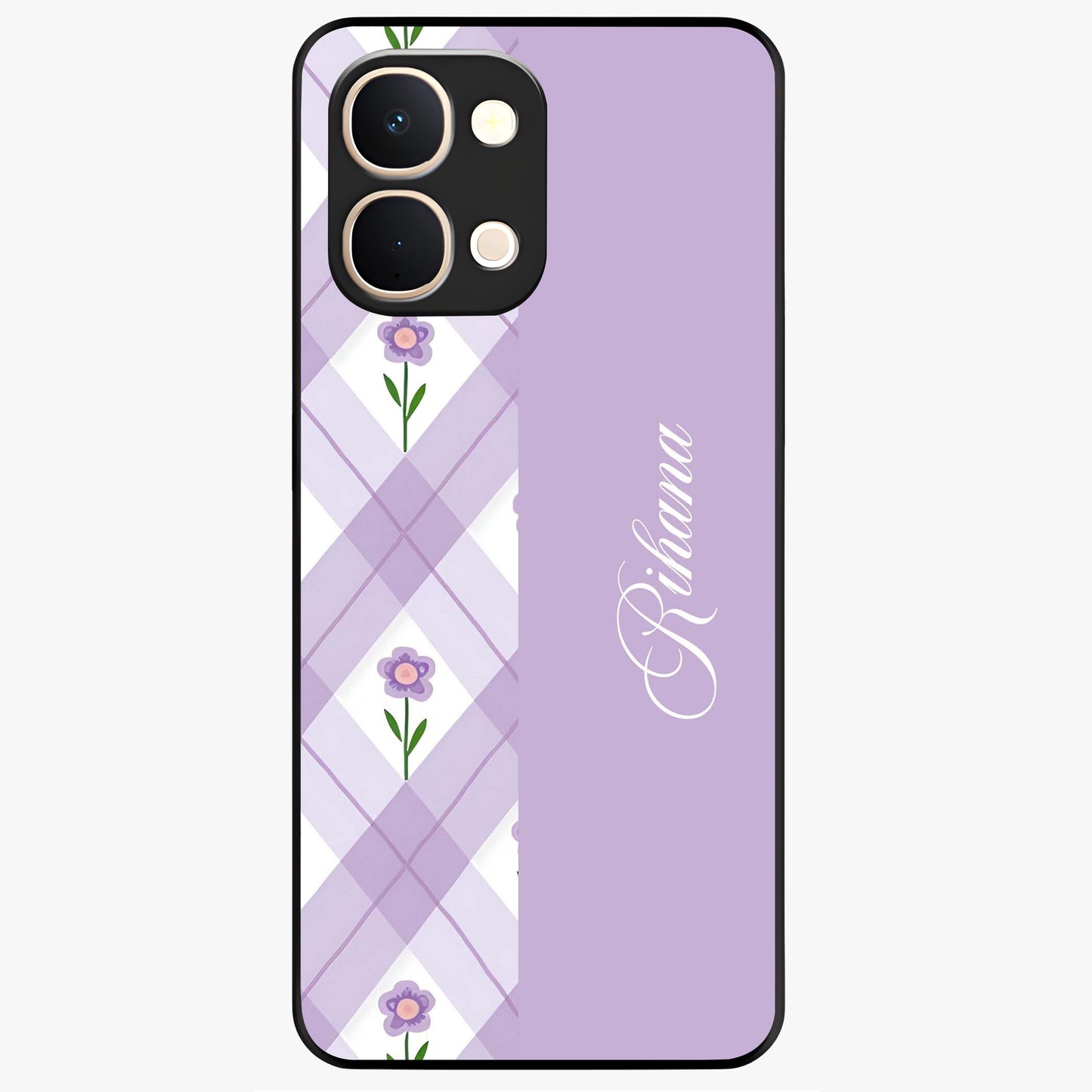 Purple Diamond Floral Glass Case showing flat back view with diamond shaped floral artwork and glossy glass finish.