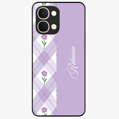 Purple Diamond Floral Glass Case showing flat back view with diamond shaped floral artwork and glossy glass finish.