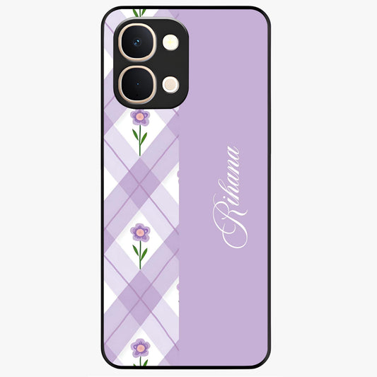 Purple Diamond Floral Glass Case showing flat back view with diamond shaped floral artwork and glossy glass finish.