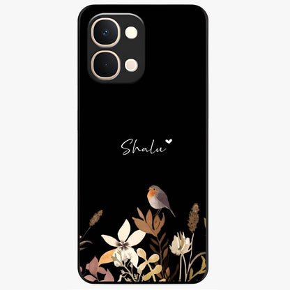 Quiet Garden Tune Custom Name Glass Case showing flat back view with peaceful garden artwork and personalized name design.