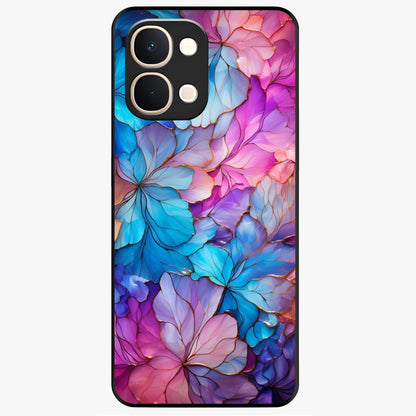 Radiant Floral Whirl Glass Case showing flat back view with swirling floral artwork and glossy glass finish.