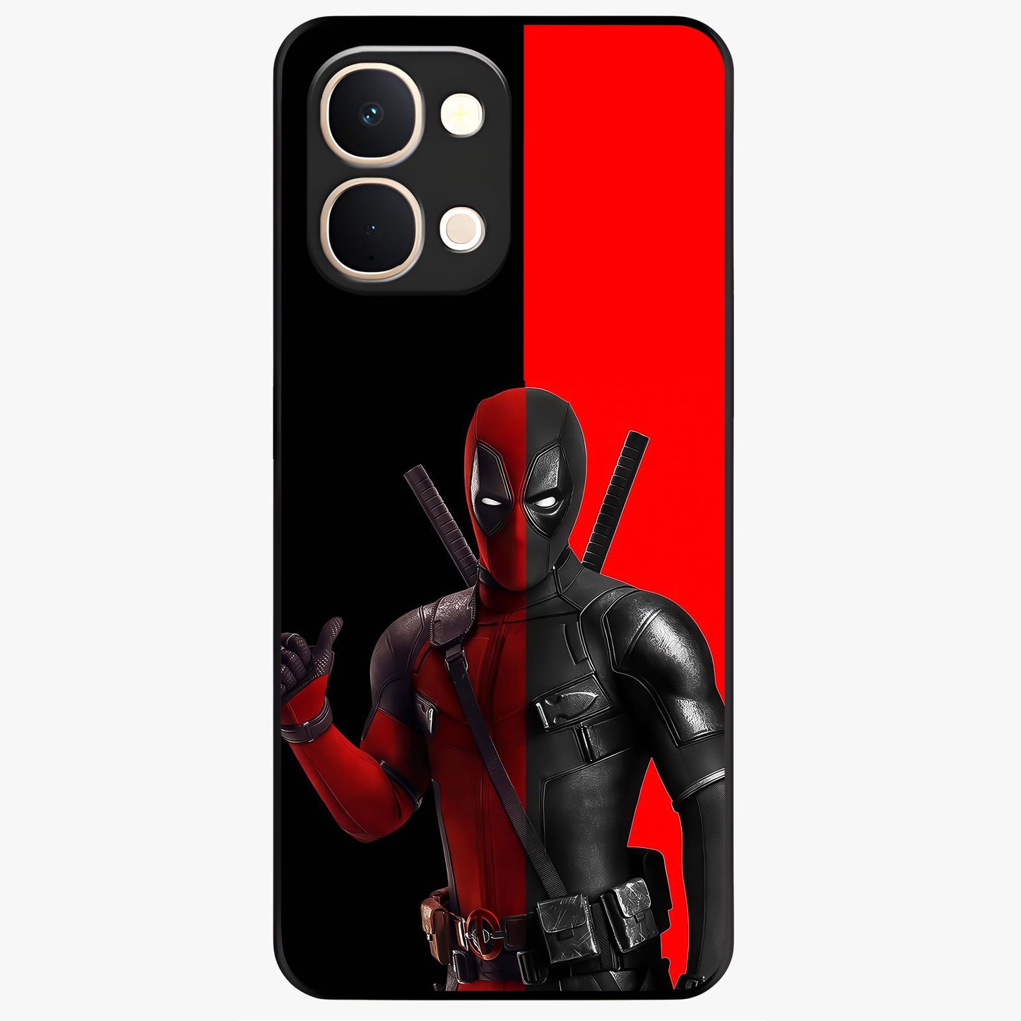 Red & Black Deadpool Theme Glass Case showing flat back view with bold comic inspired artwork and glossy glass finish.