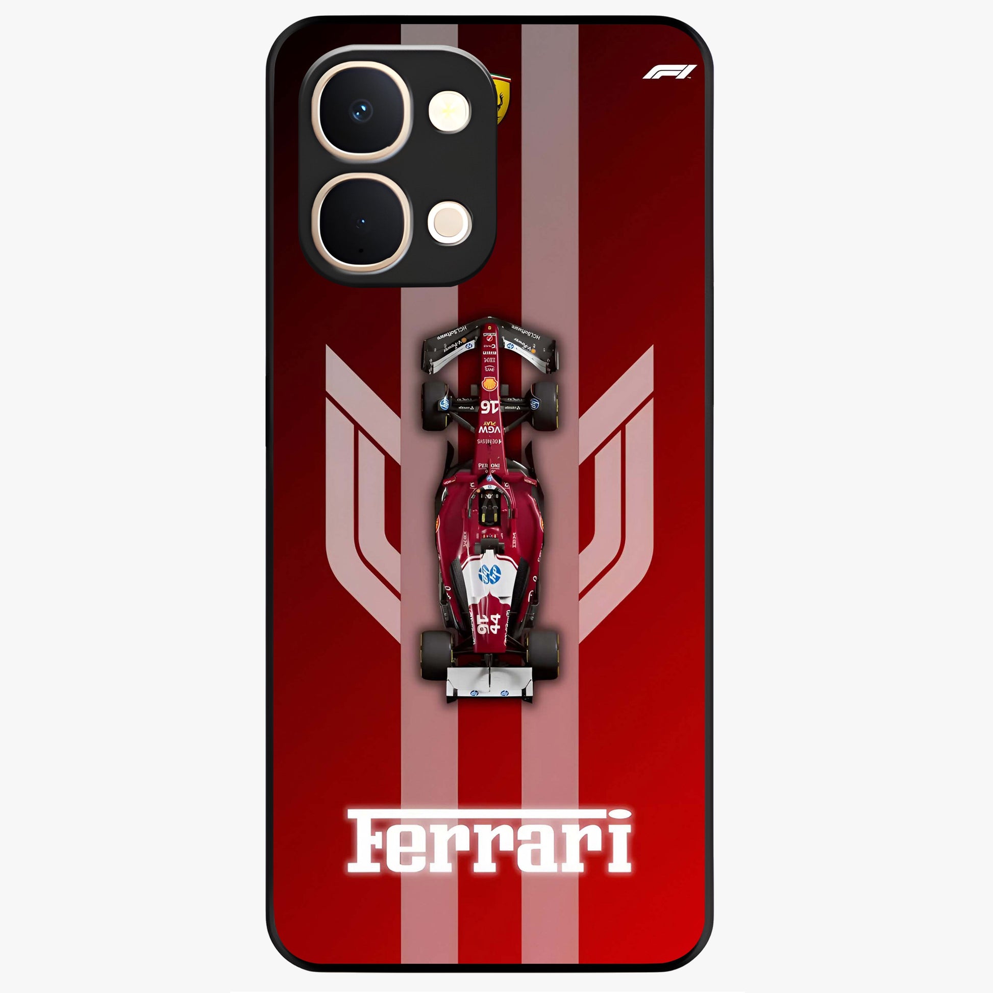 Red Ferrari F1 Vertical Glass Case showing flat back view with sleek Formula racing car artwork and glossy glass finish.
