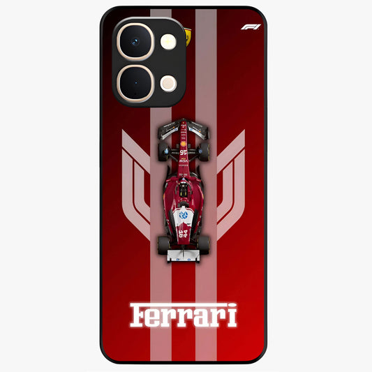 Red Ferrari F1 Vertical Glass Case showing flat back view with sleek Formula racing car artwork and glossy glass finish.