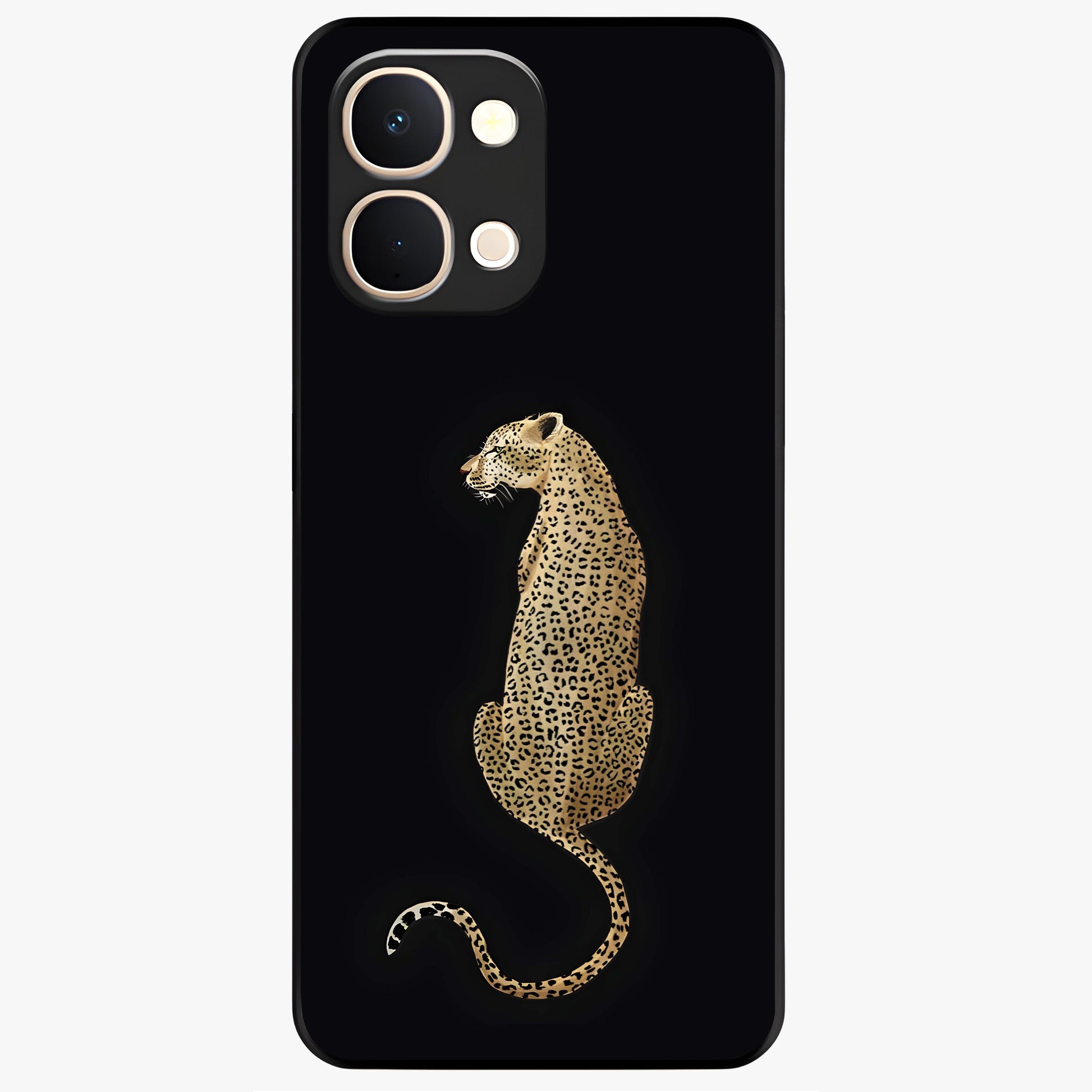Regal Leopard Glass Case showing flat back view with bold leopard artwork and glossy glass finish.