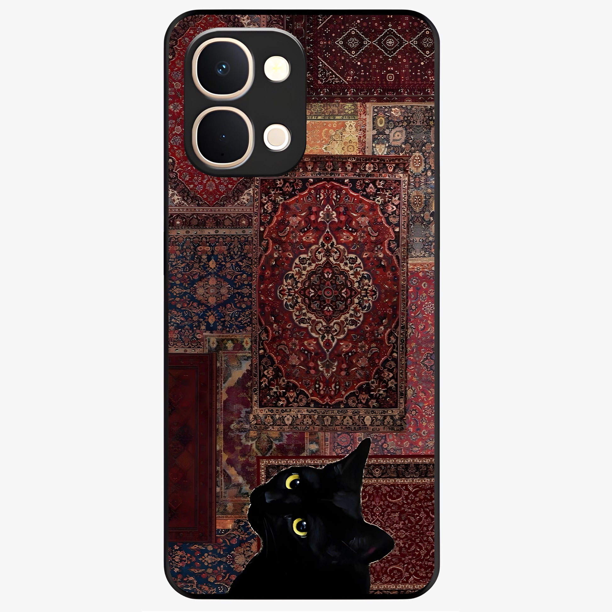 Regal Magic Cat Apple Glass Case showing flat back view with magical cat artwork holding apple and glossy glass finish.