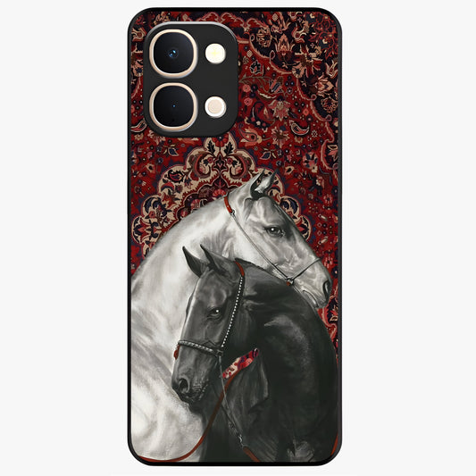 Regal Stallion Tapestry Glass Case showing flat back view with majestic horse tapestry artwork and glossy glass finish.