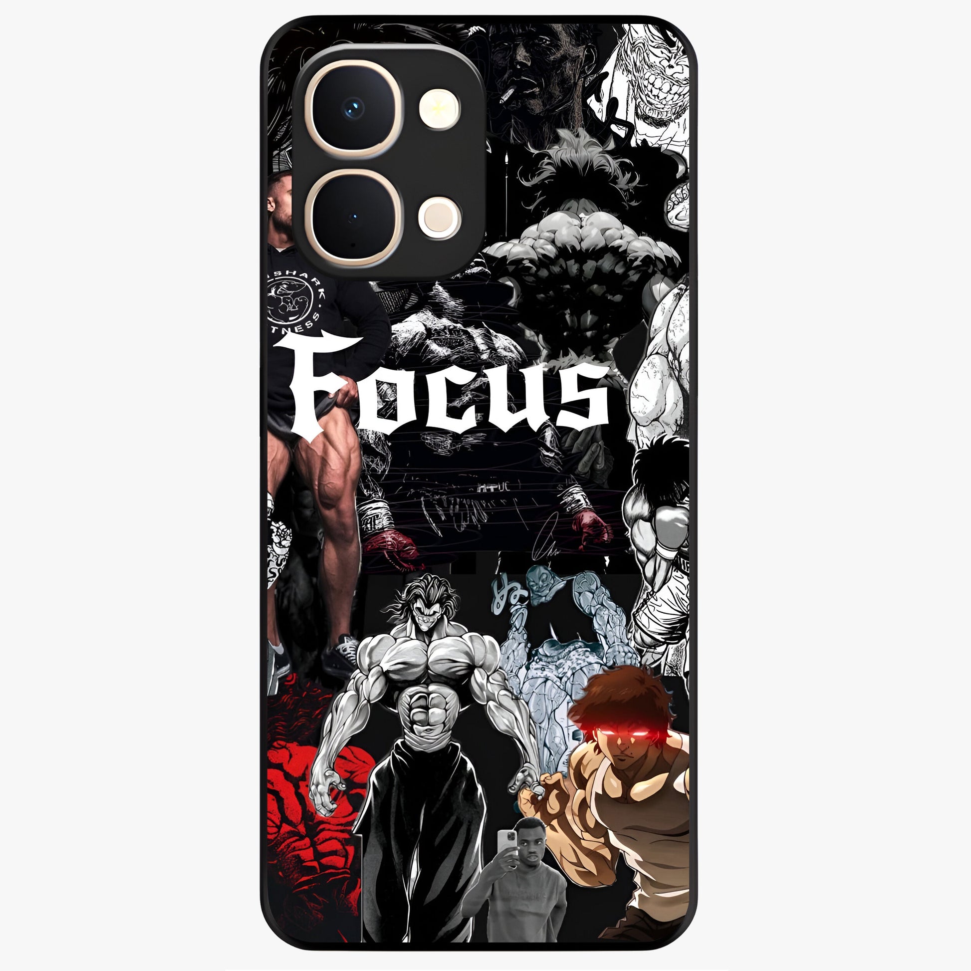 Relentless Power Focus Glass Case showing flat back view with motivational typography artwork and glossy glass finish.