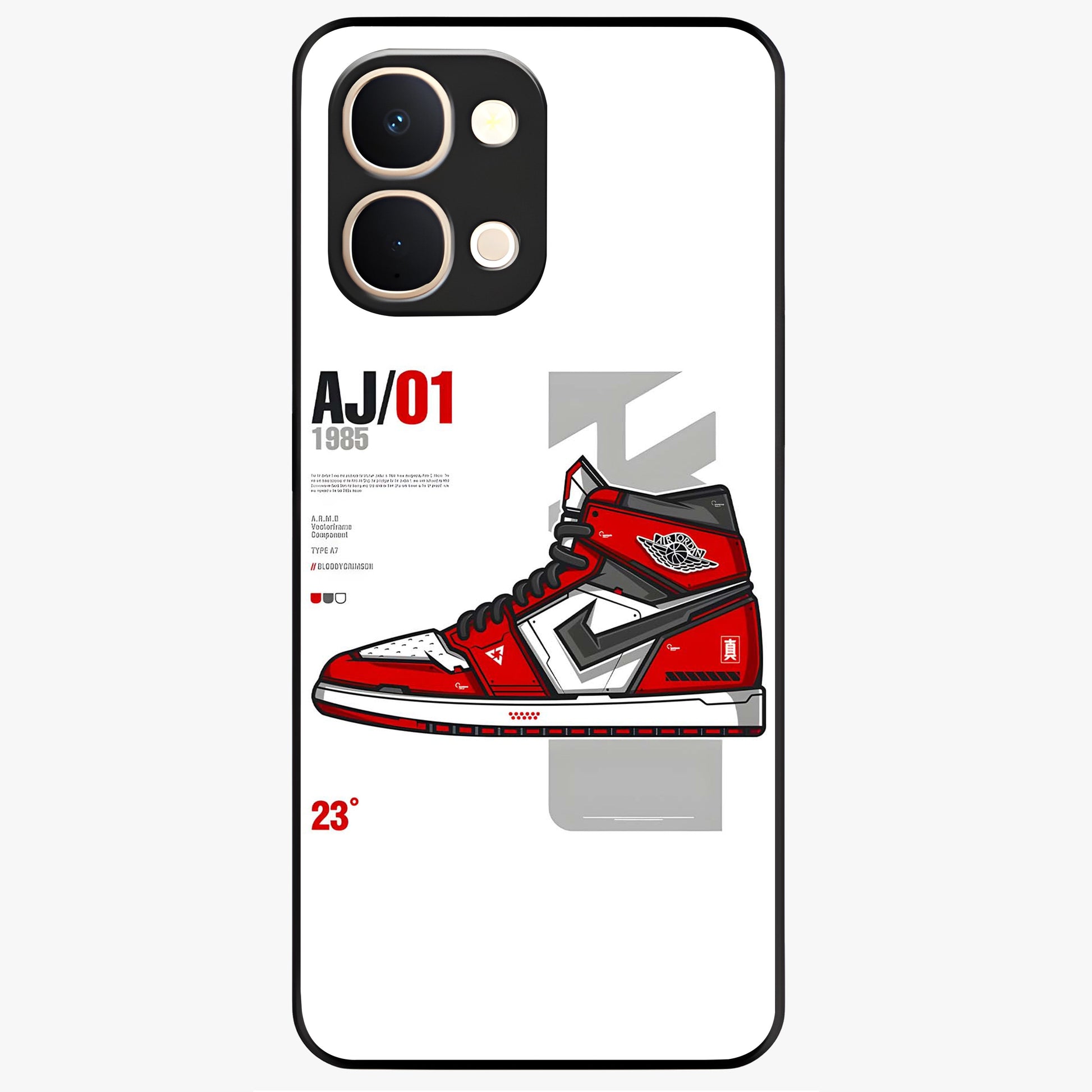 Retro Sneaker Blueprint Glass Case showing flat back view with sneaker blueprint style artwork and glossy glass finish.