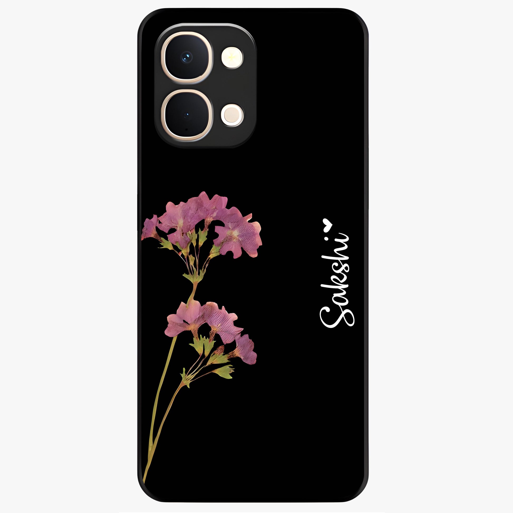 Riching Lavender Flower Custom Name Glass Case showing flat back view with lavender floral artwork and personalized name design.