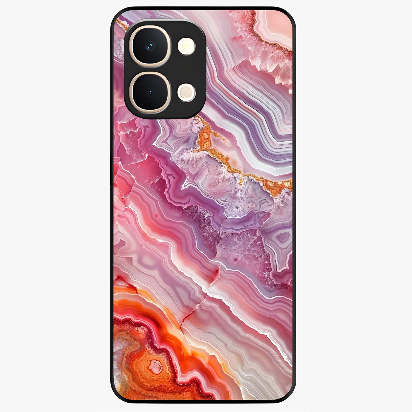 Rose Quartz Marble Glass Case showing flat back view with pink marble quartz texture artwork and glossy glass finish.