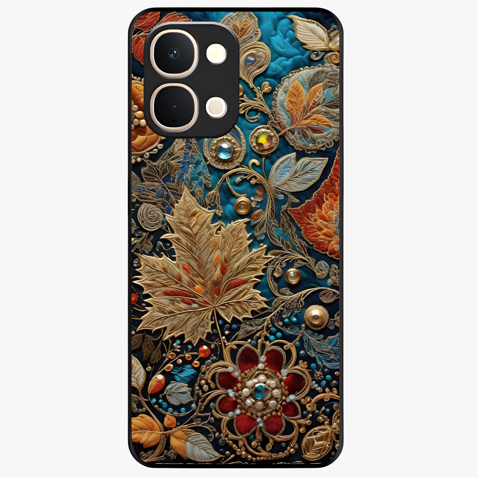 Royal Jewel Garden Glass Case showing flat back view with decorative floral garden artwork and glossy glass finish.