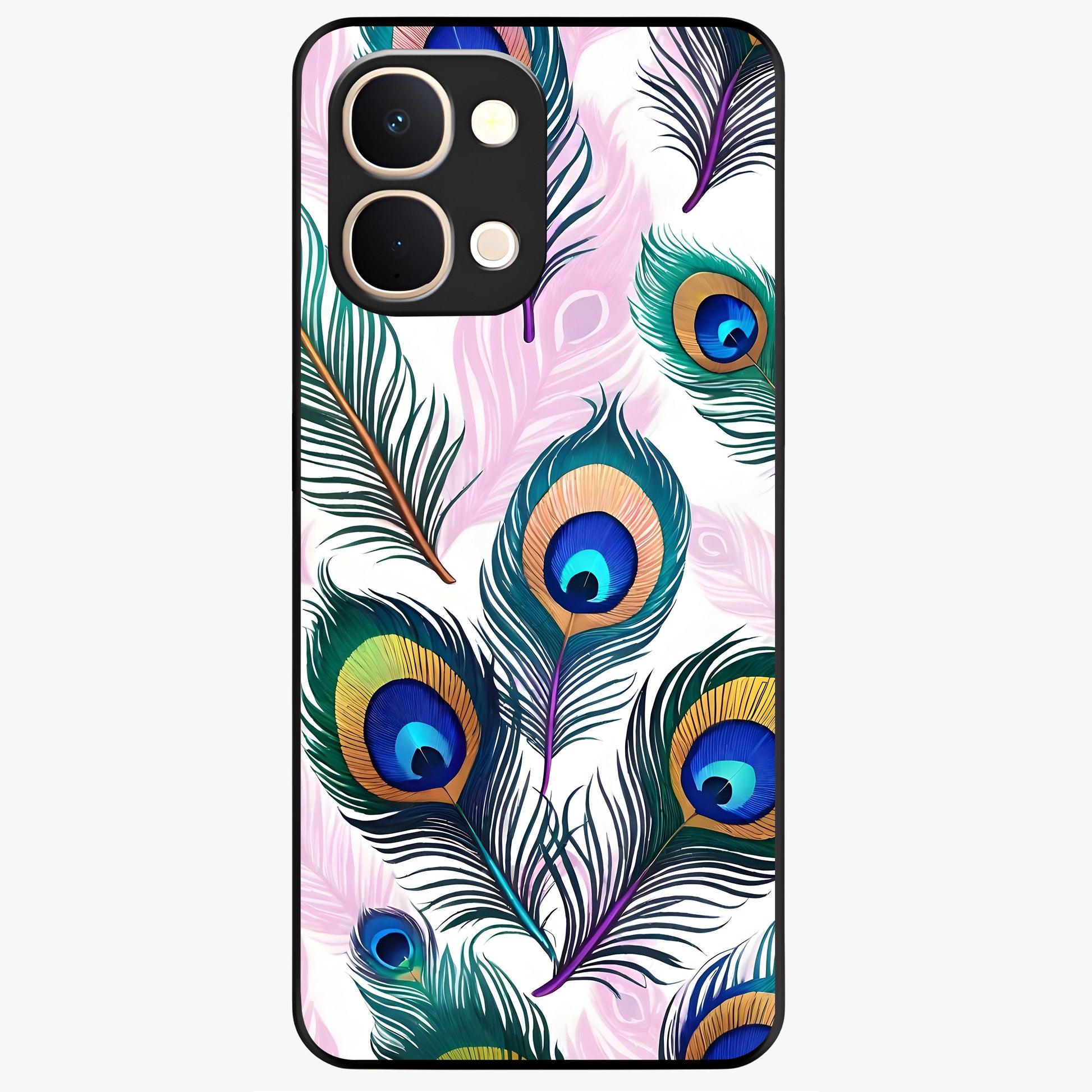 Royal Peacock Feathers Glass Case showing flat back view with colorful peacock feather artwork and glossy glass finish.