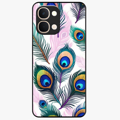 Royal Peacock Feathers Glass Case showing flat back view with colorful peacock feather artwork and glossy glass finish.