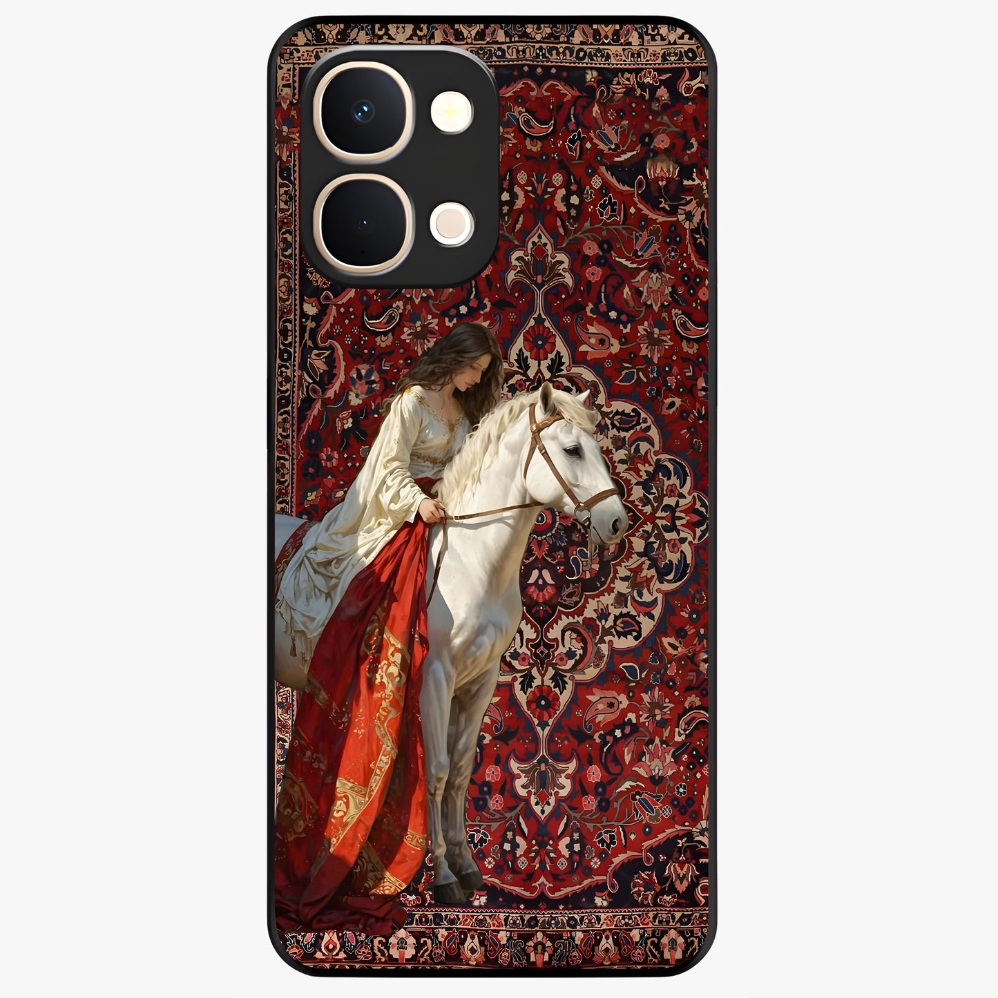 Royal Rider Tapestry Glass Case showing flat back view with majestic horse rider tapestry artwork and glossy glass finish.