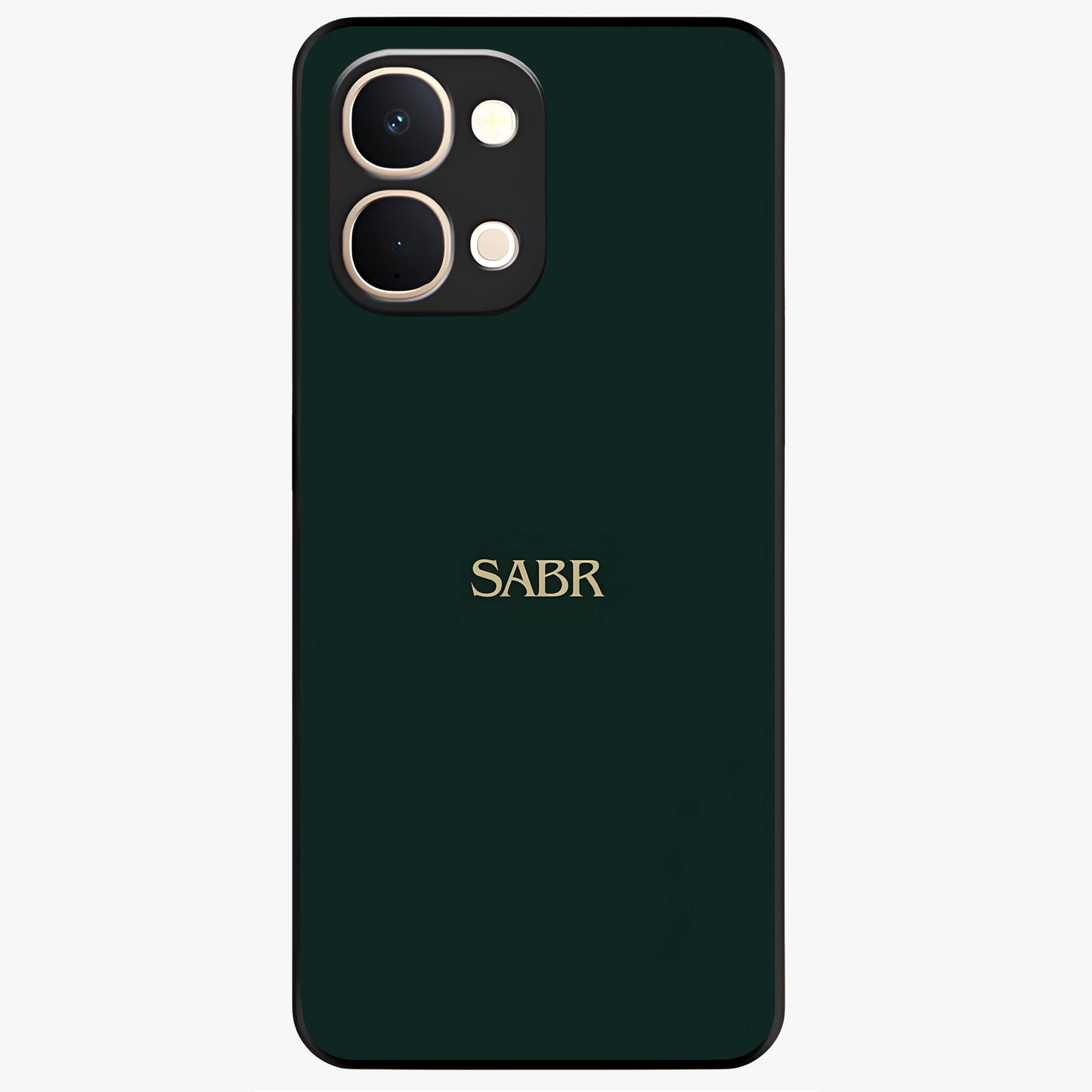 Sabr Minimal Patience Glass Case showing flat back view with minimalist typography artwork and glossy glass finish.