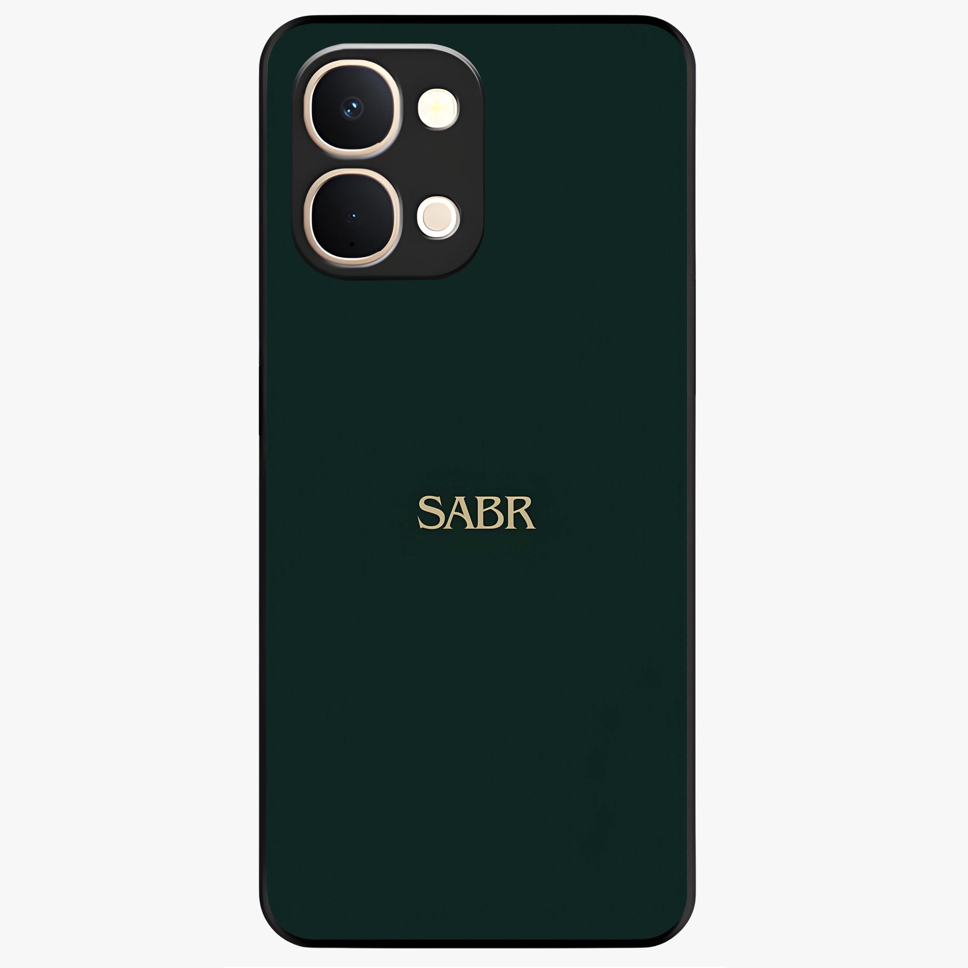 Sabr Minimal Patience Glass Case showing flat back view with minimalist typography artwork and glossy glass finish.