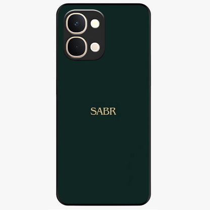 Sabr Minimal Patience Glass Case showing flat back view with minimalist typography artwork and glossy glass finish.