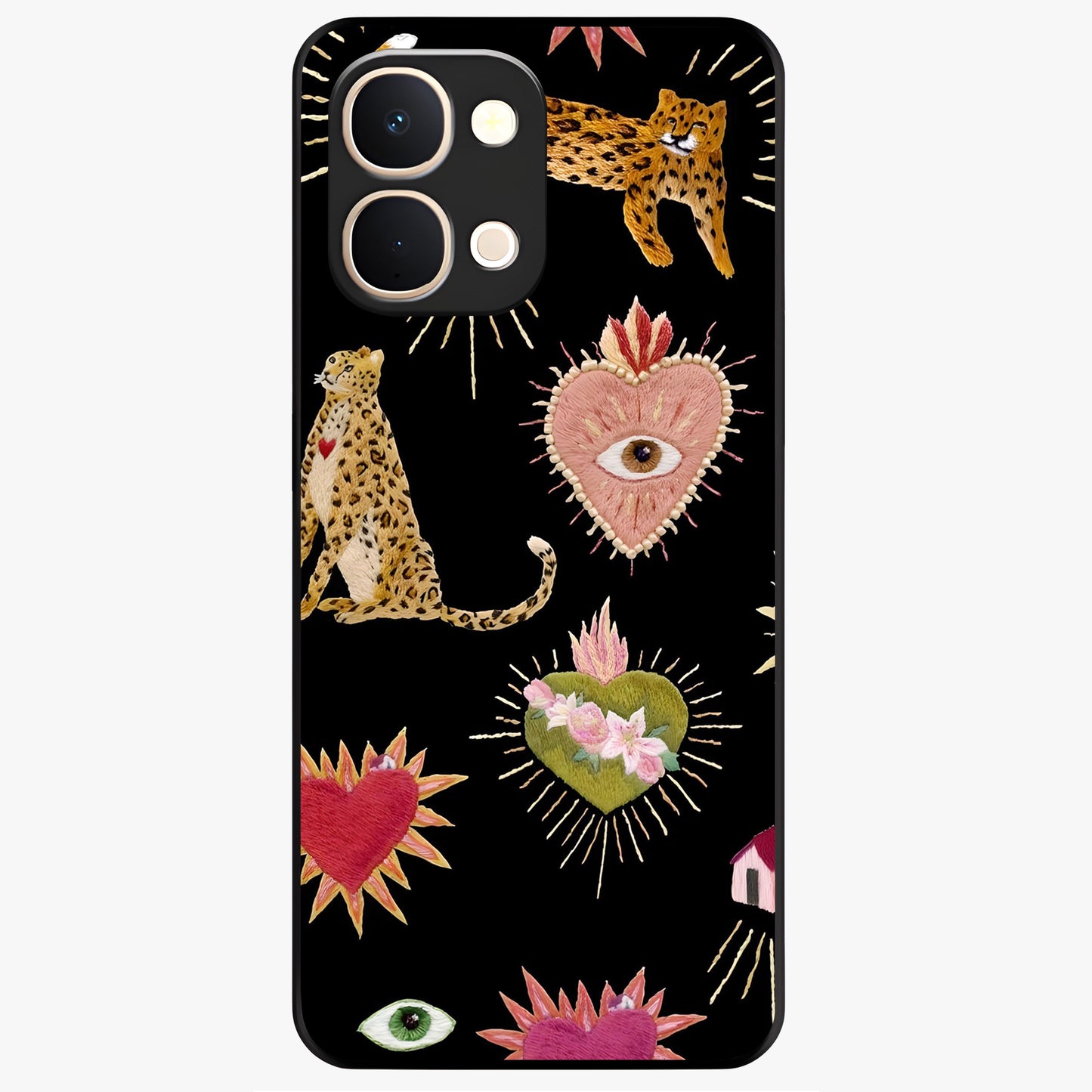 Sacred Jungle Heart Glass Case showing flat back view with jungle inspired heart artwork and glossy glass finish.