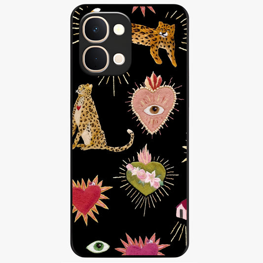 Sacred Jungle Heart Glass Case showing flat back view with jungle inspired heart artwork and glossy glass finish.