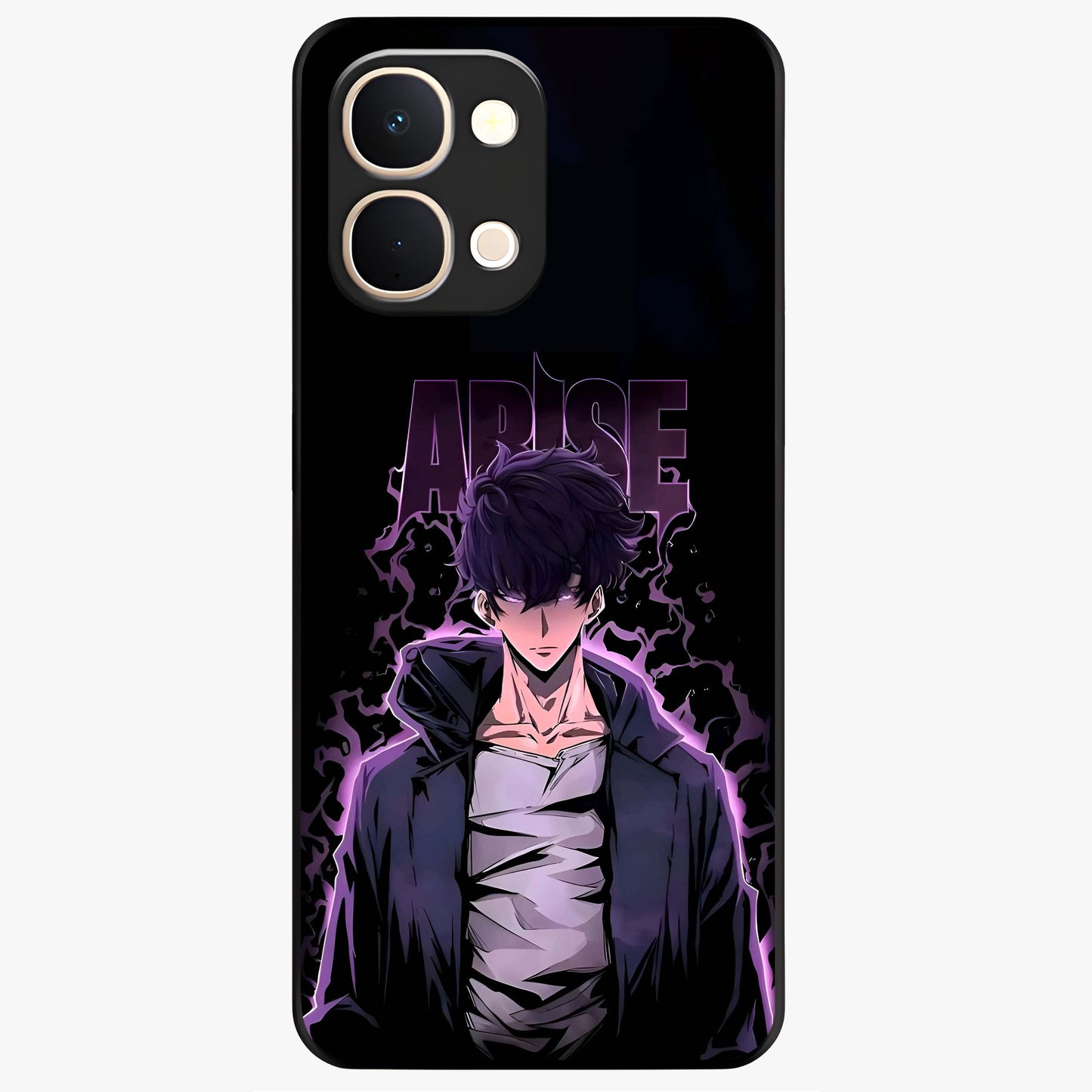 Shadow Monarch Awakening Glass Case showing flat back view with powerful dark monarch themed artwork and glossy glass finish.