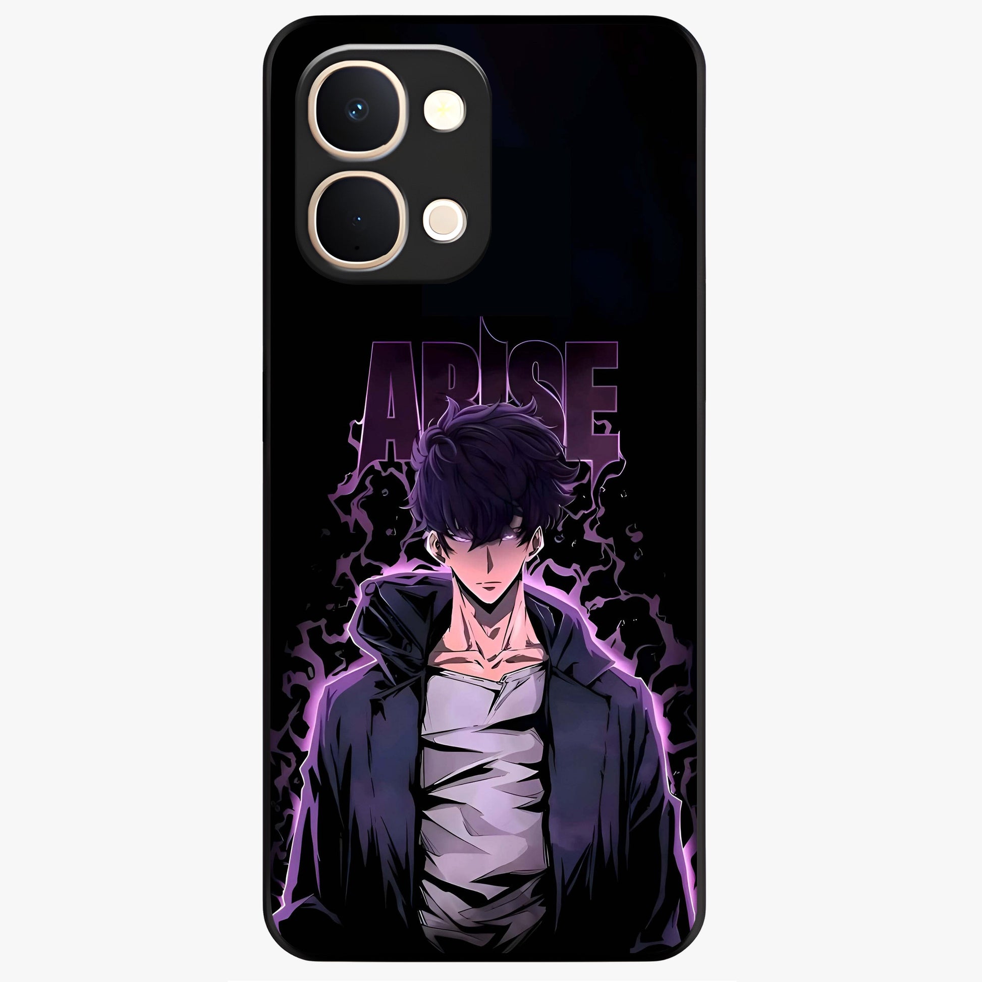 Shadow Monarch Awakening Glass Case showing flat back view with powerful dark monarch themed artwork and glossy glass finish.