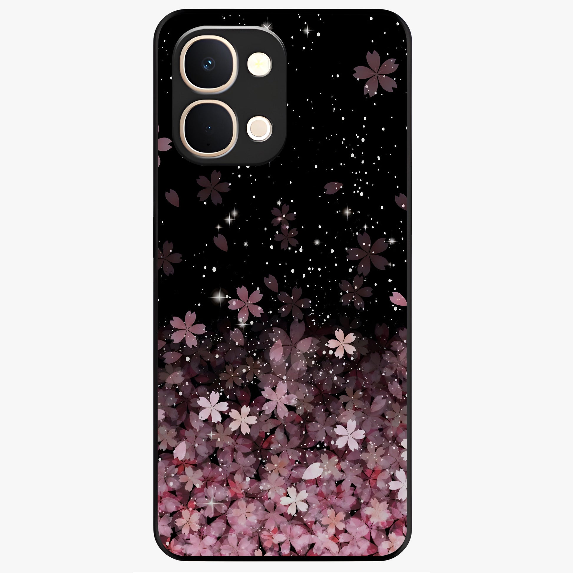 Small Starry Flowers Glass Case showing flat back view with delicate starry floral artwork and glossy glass finish.