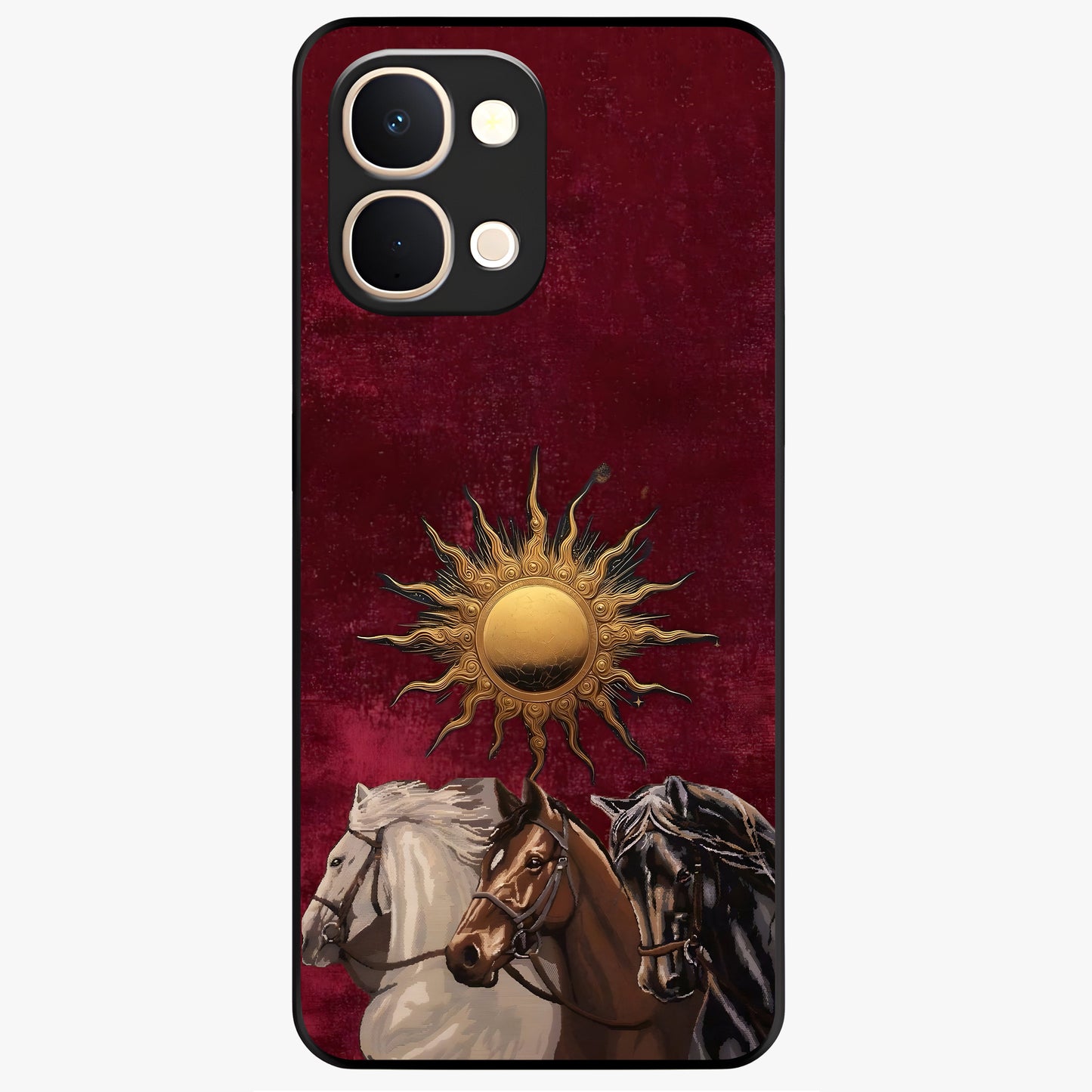 Solar Riders Glass Case showing flat back view with dynamic rider themed artwork and glossy glass finish.