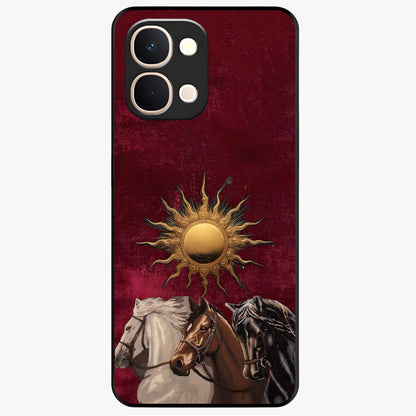 Solar Riders Glass Case showing flat back view with dynamic rider themed artwork and glossy glass finish.