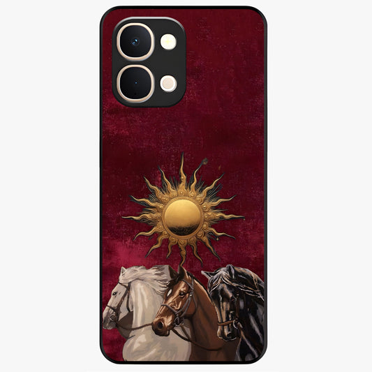 Solar Riders Glass Case showing flat back view with dynamic rider themed artwork and glossy glass finish.