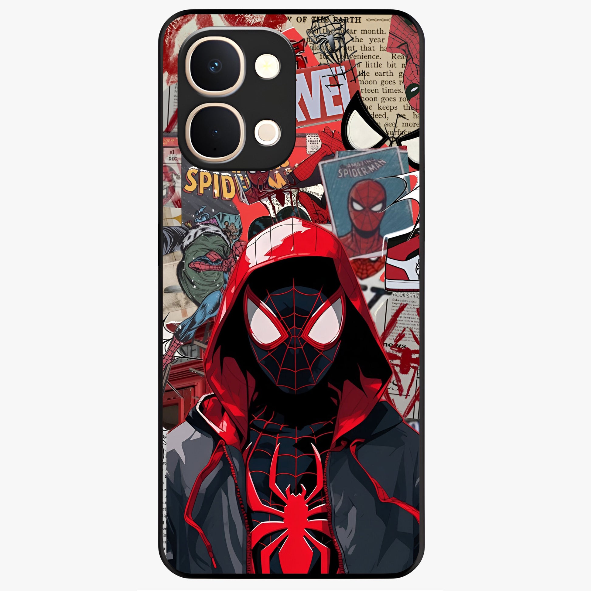 Spider Collage Street Glass Case showing flat back view with vibrant superhero collage artwork and glossy glass finish.