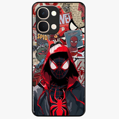 Spider Collage Street Glass Case showing flat back view with vibrant superhero collage artwork and glossy glass finish.