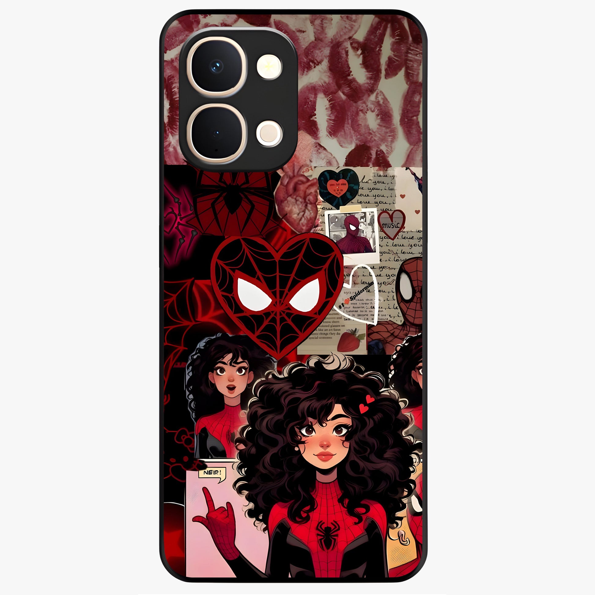 Spider Love Story Glass Case showing flat back view with romantic superhero themed artwork and glossy glass finish.