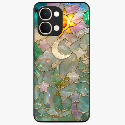 Stained Sunrise Glow Glass Case showing flat back view with glowing sunrise stained pattern artwork and glossy glass finish.