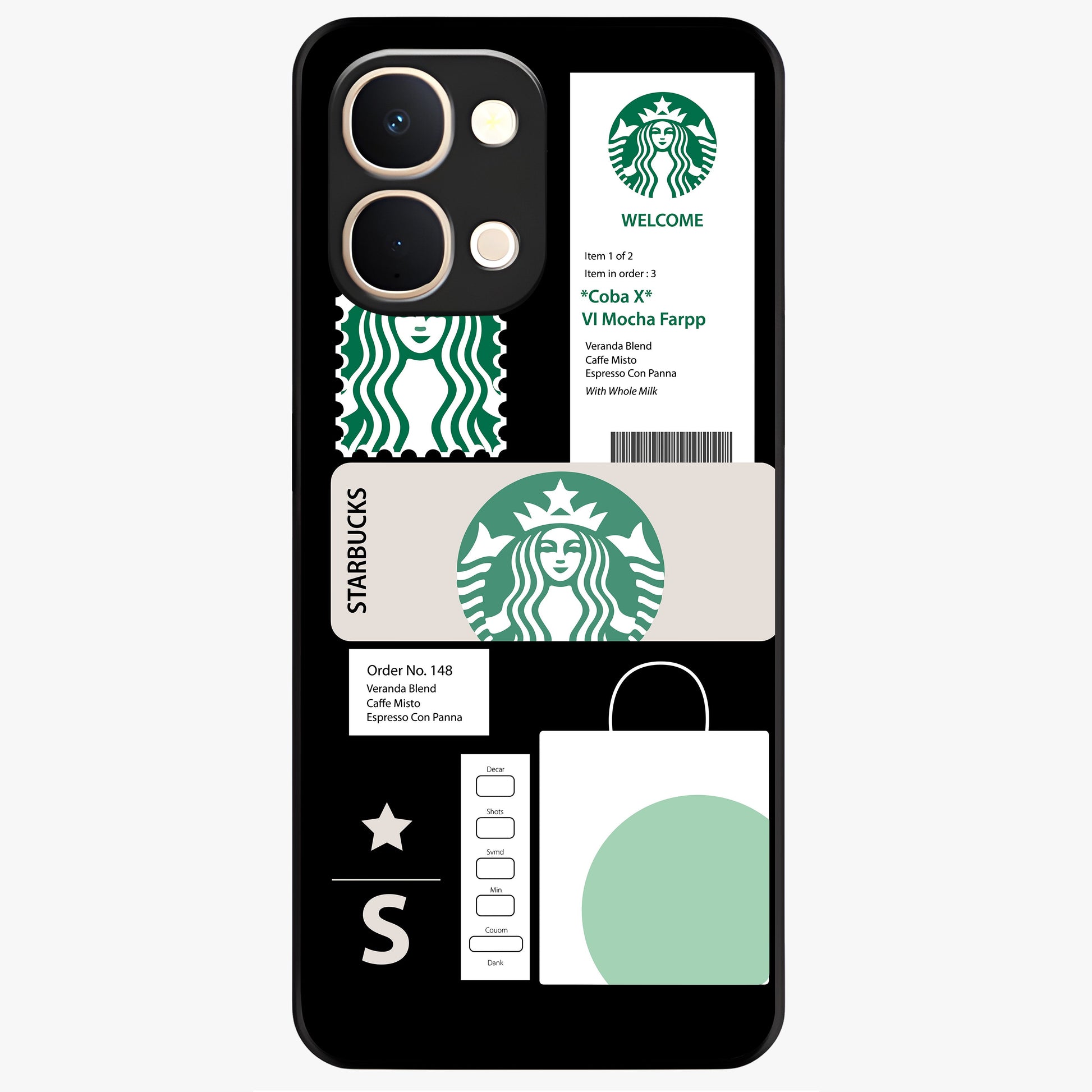 Starbucks Mocha Glass Case showing flat back view with coffee inspired artwork and glossy glass finish.