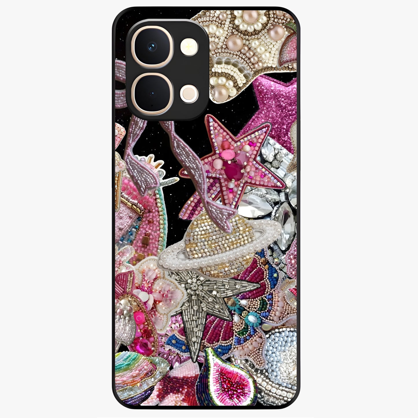 Starlit Jewel Dream Glass Case showing flat back view with sparkling jewel and star themed artwork and glossy glass finish.