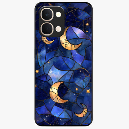 Starlit Sky Tapestry Glass Case showing flat back view with decorative starry sky tapestry artwork and glossy glass finish.