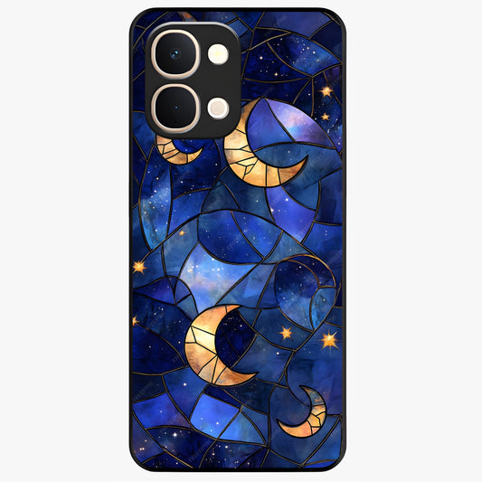 Starlit Sky Tapestry Glass Case showing flat back view with decorative starry sky tapestry artwork and glossy glass finish.