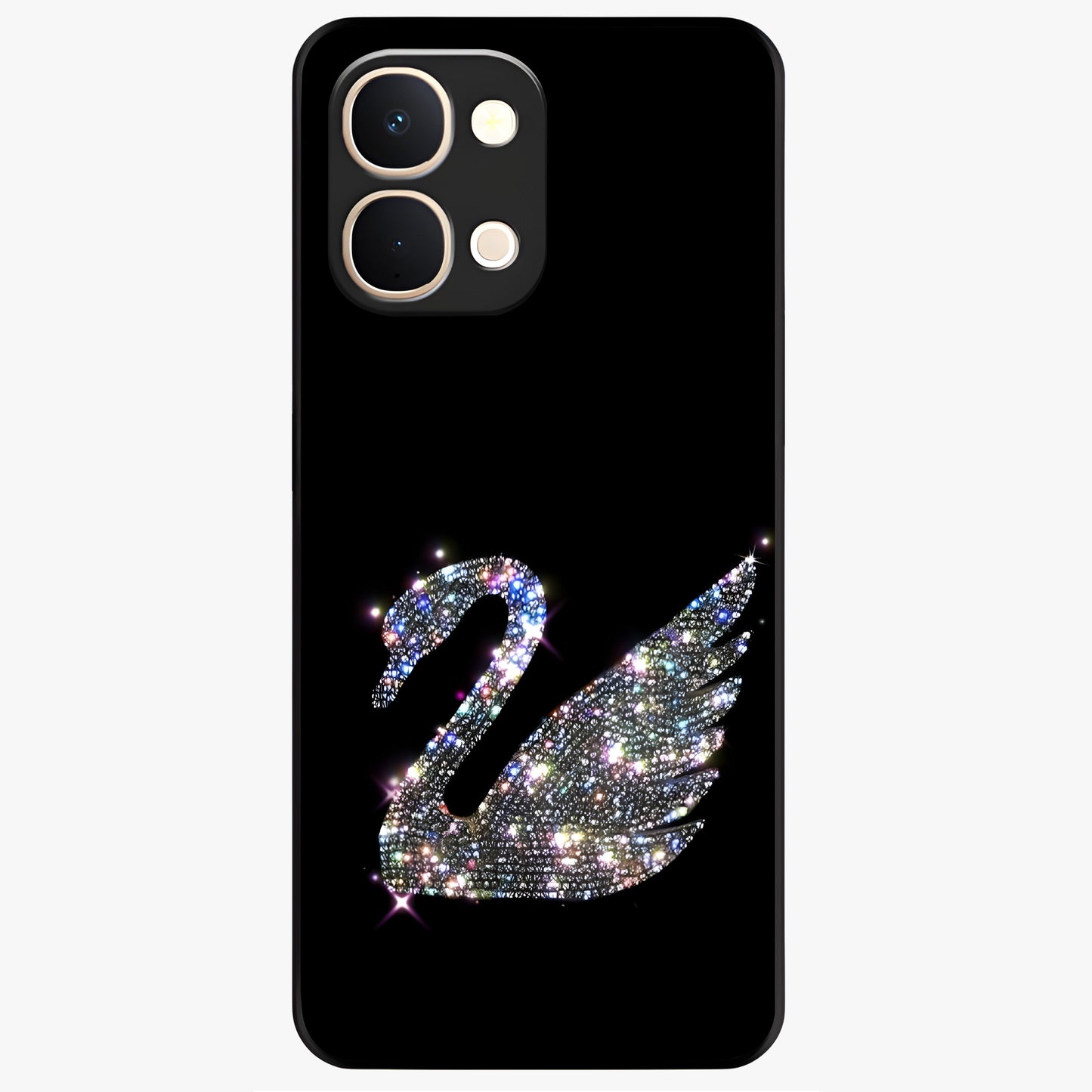 Starlit Swan Grace Glass Case showing flat back view with graceful swan artwork under starry sky and glossy glass finish.