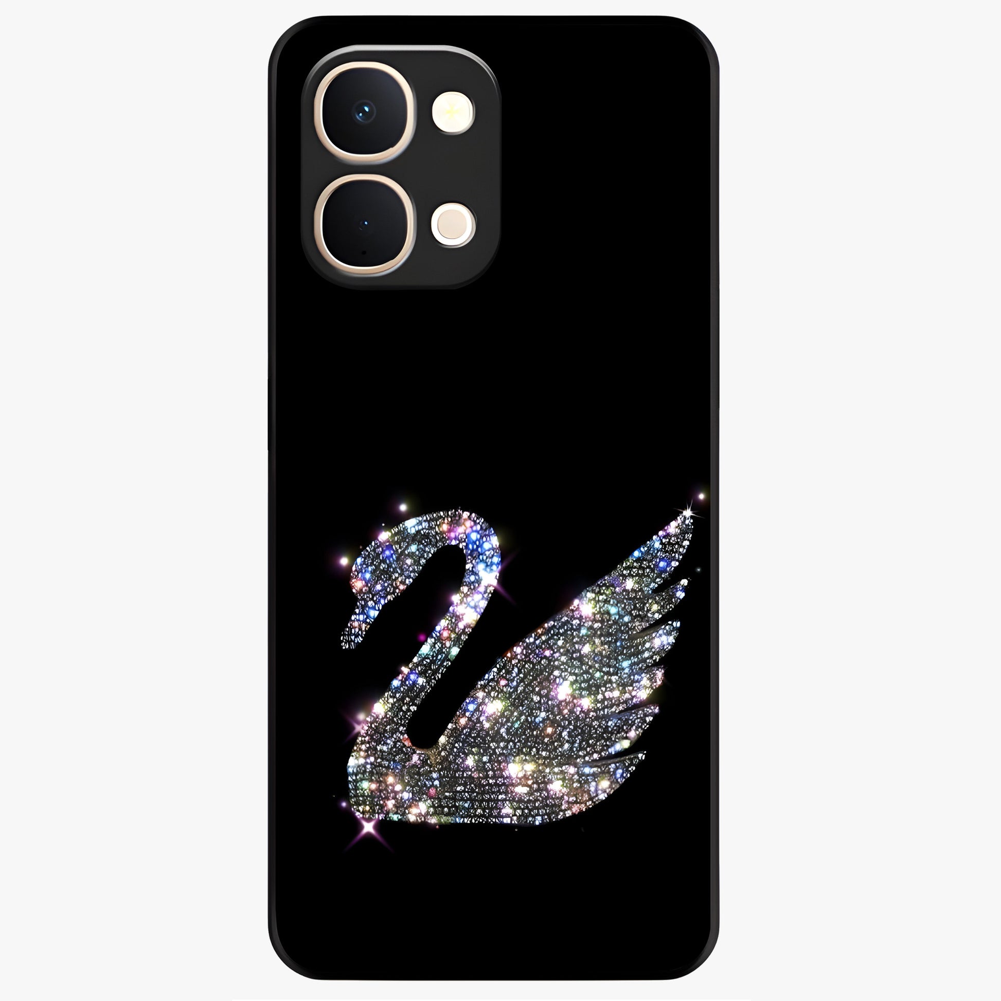 Starlit Swan Grace Glass Case showing flat back view with graceful swan artwork under starry sky and glossy glass finish.