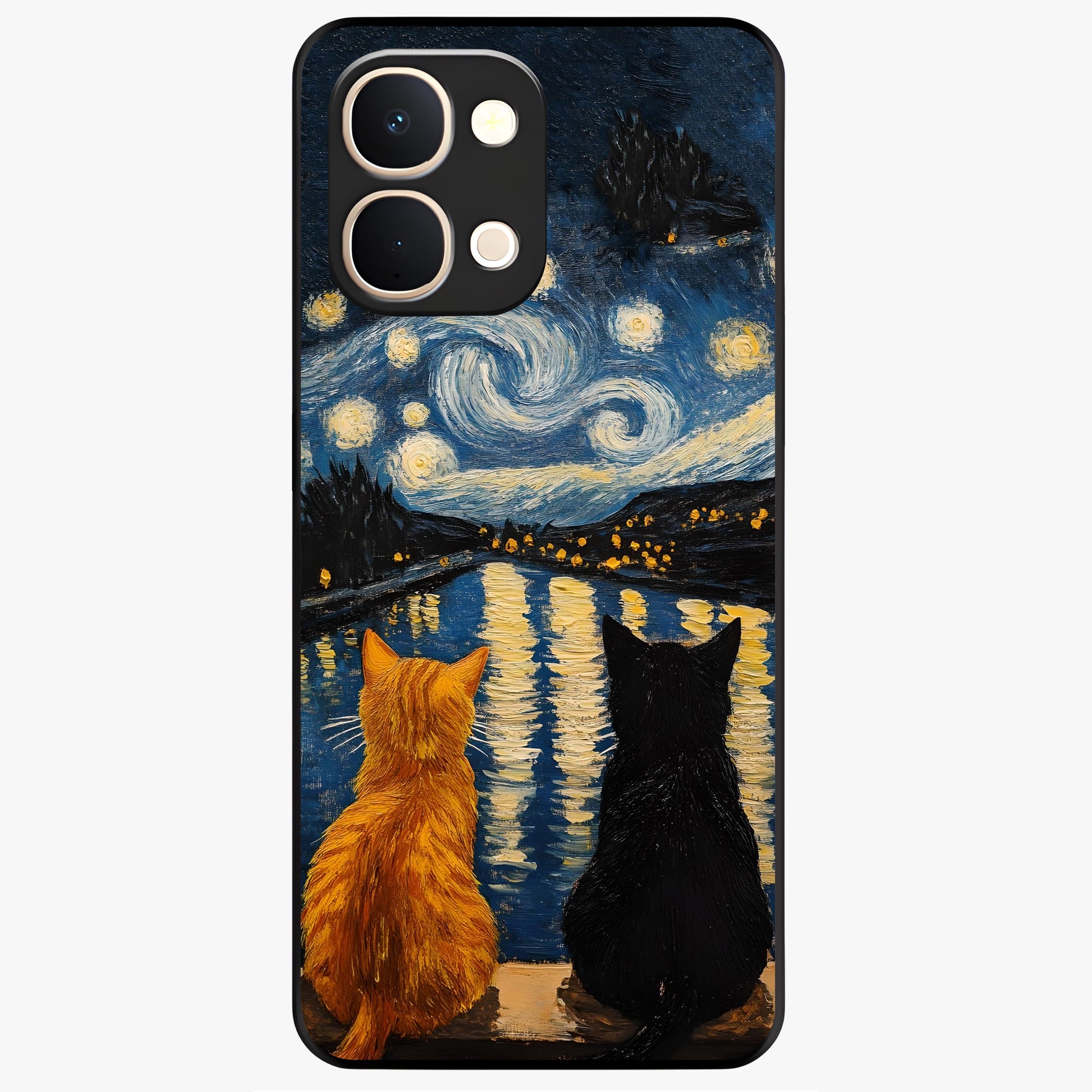 Starry River Cats Glass Case showing flat back view with cats by a starry river artwork and glossy glass finish.