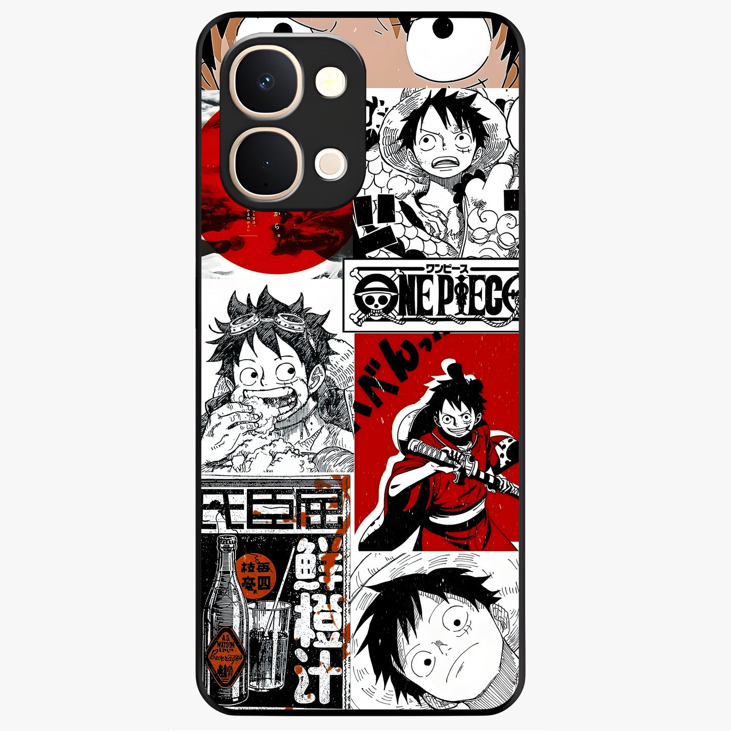 Strawhat Chaos Panels Glass Case showing flat back view with anime inspired chaos panel artwork and glossy glass finish.
