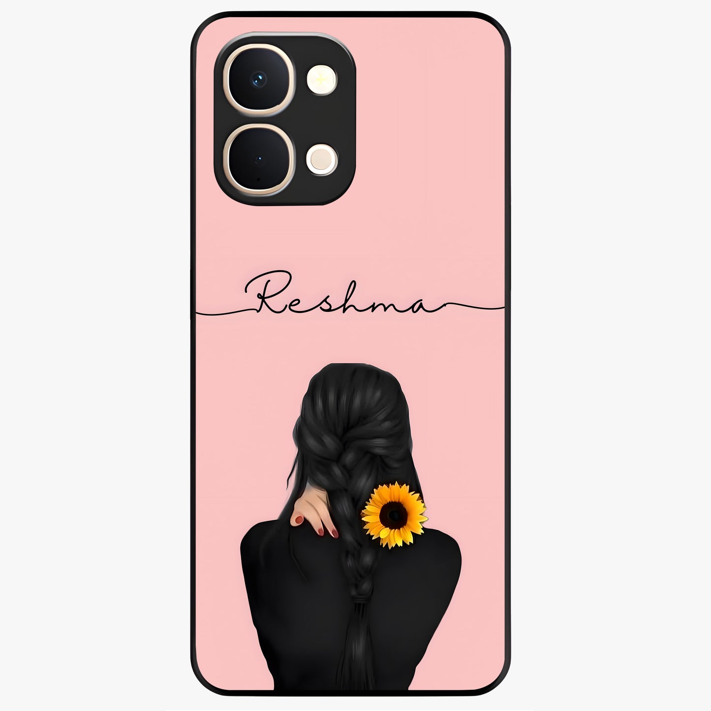Sunflower Braid Beauty With Custom Name Glass Case showing flat back view with sunflower braid artwork and personalized name design.