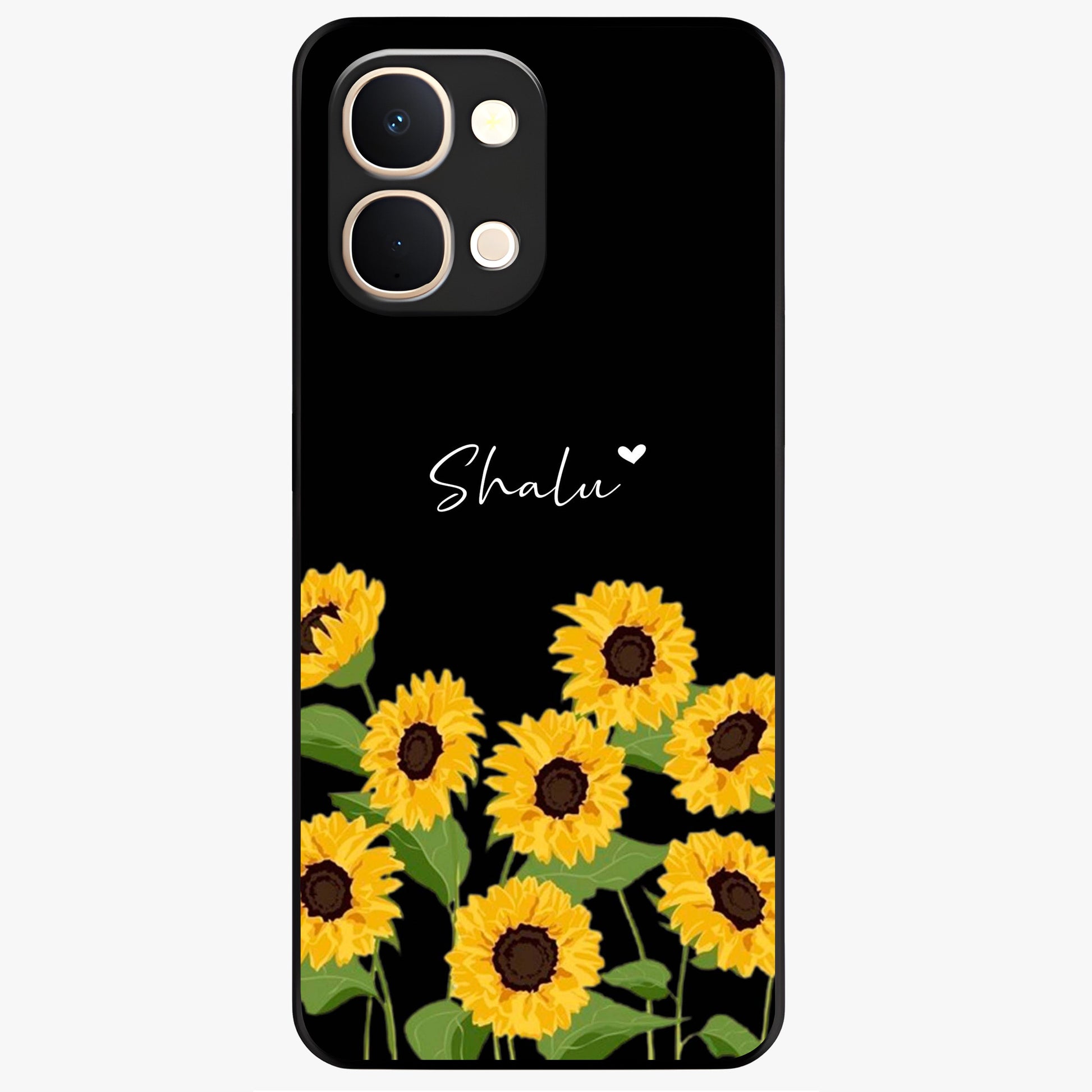 Sunflower Chic Mood Custom Name Glass Case showing flat back view with stylish sunflower artwork and personalized name design.