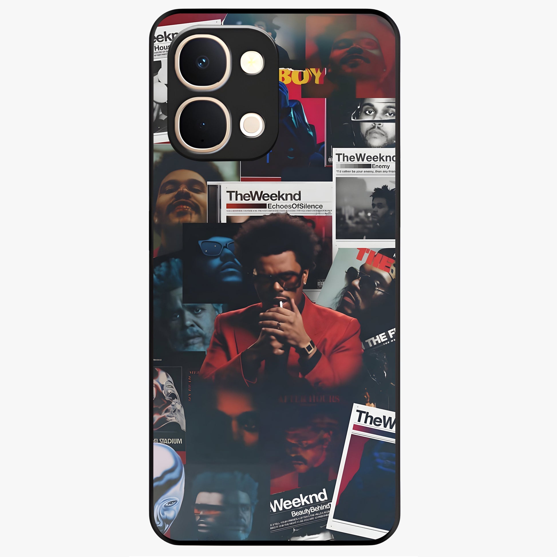 The Weeknd Glass Case showing flat back view with music inspired artistic portrait artwork and glossy glass finish.