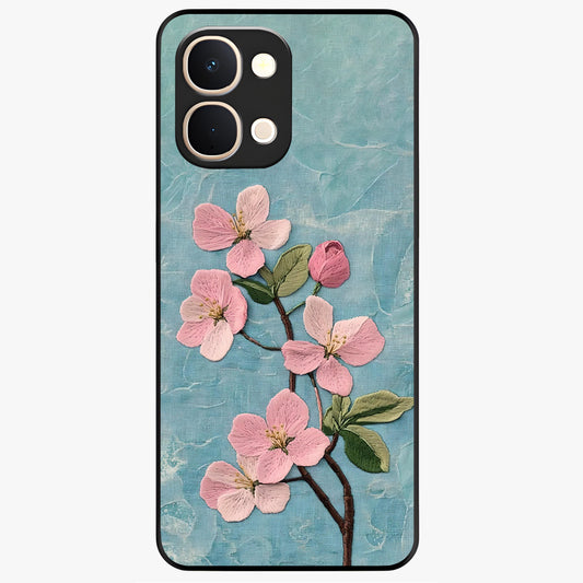 Threaded Blossom Breeze Glass Case showing flat back view with delicate blossom artwork and glossy glass finish.