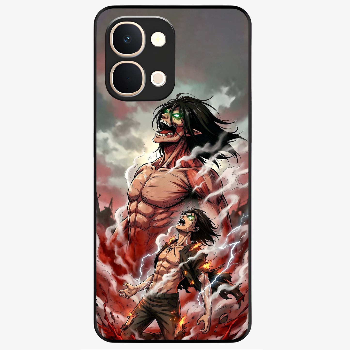 Titan Awakening Fury Glass Case showing flat back view with powerful titan inspired artwork and glossy glass finish.