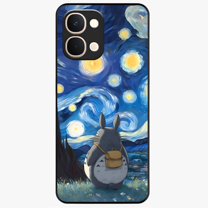 Totoro In Van Gogh Art Glass Case showing flat back view with whimsical character artwork inspired by Van Gogh style and glossy glass finish.