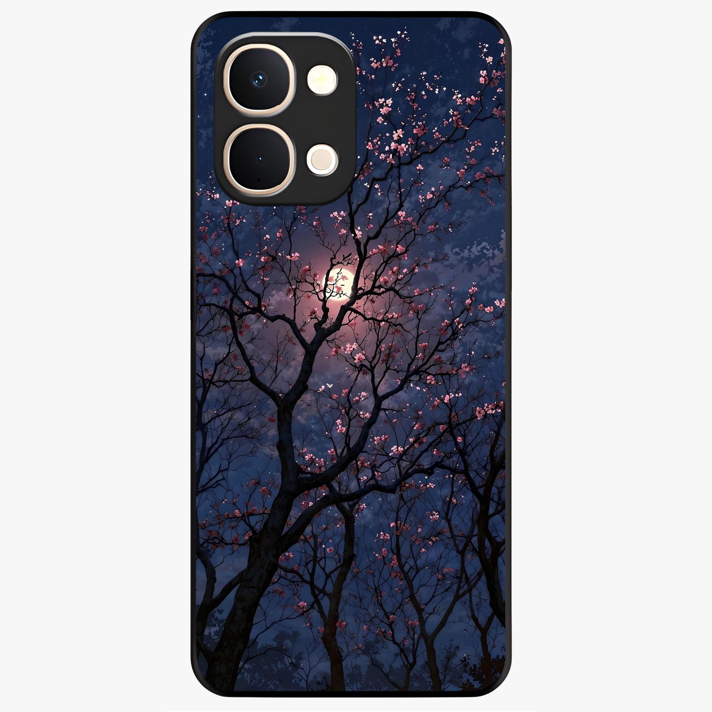 Twilight Sakura Serenade Glass Case showing flat back view with cherry blossom artwork at twilight and glossy glass finish.